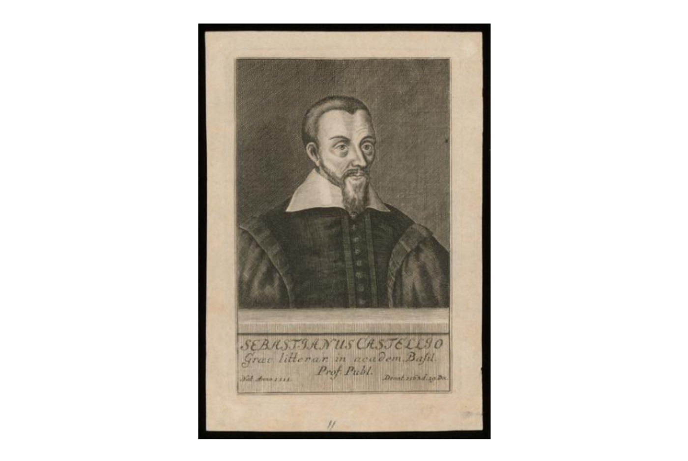 Ein alter Kupferstich zeigt einen Mann in historischer Kleidung mit ernstem Blick