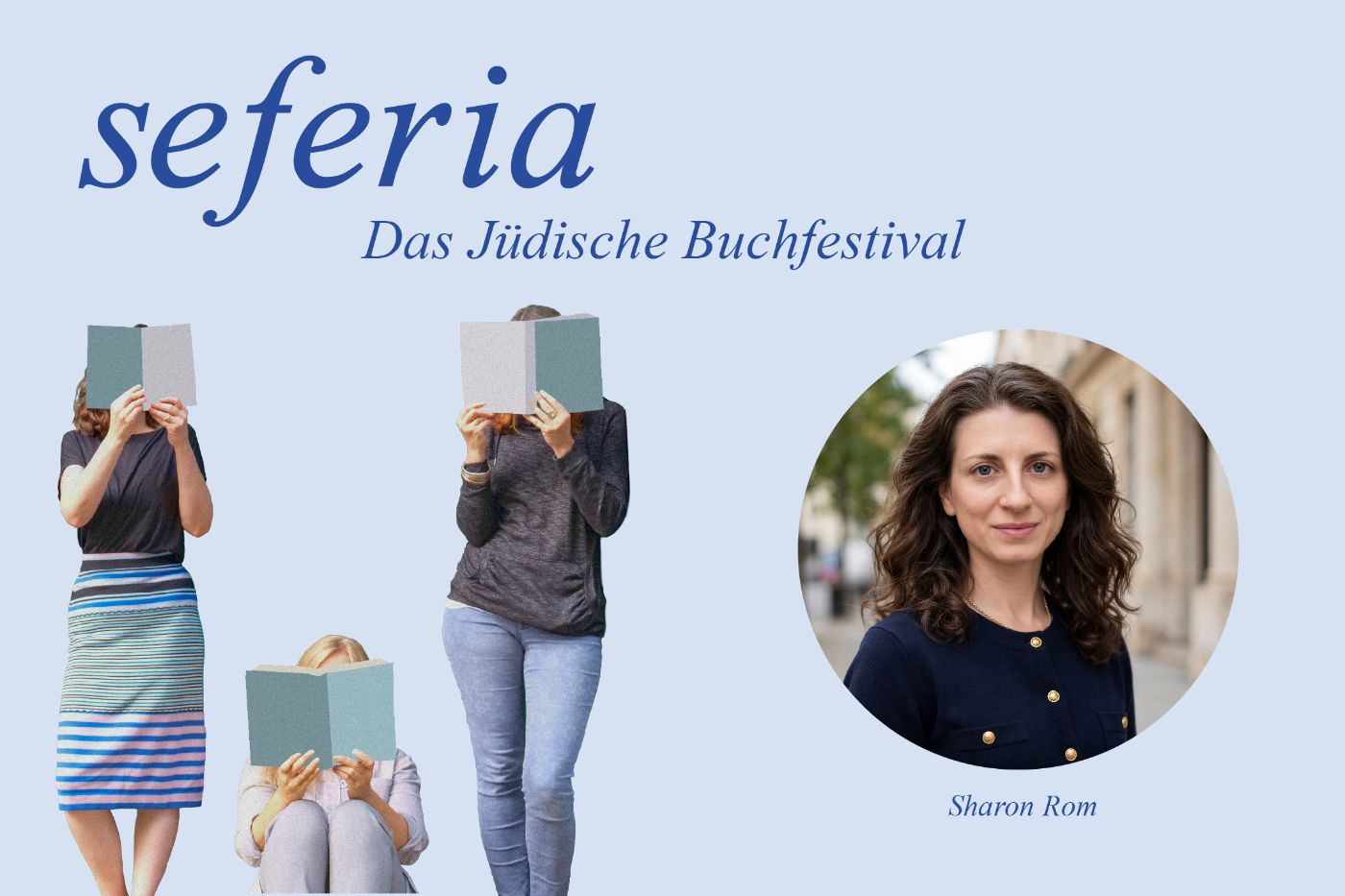Drei Personen lesen Bücher vor ihren Gesichtern, daneben ein Porträtfoto von einer Person.