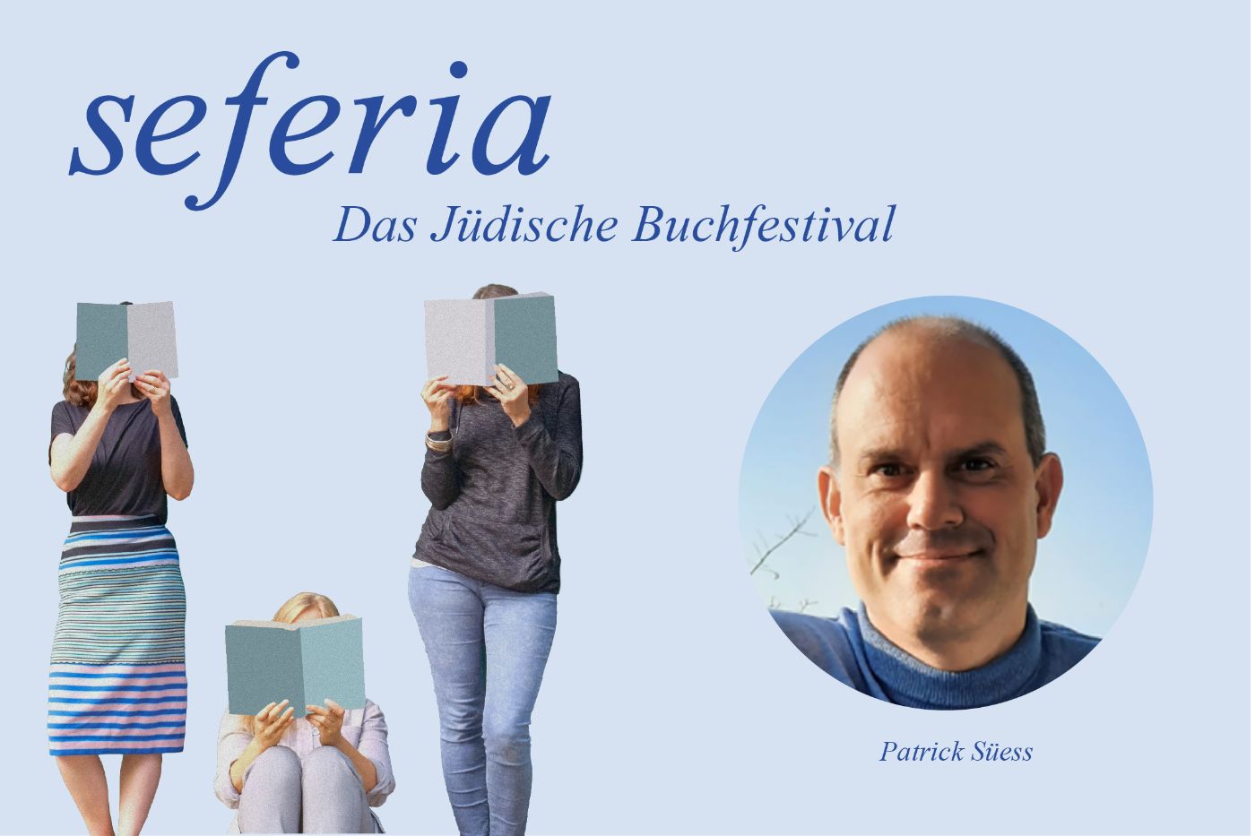 Drei Personen lesen Bücher vor ihren Gesichtern, daneben ein Porträtfoto von einer Person.