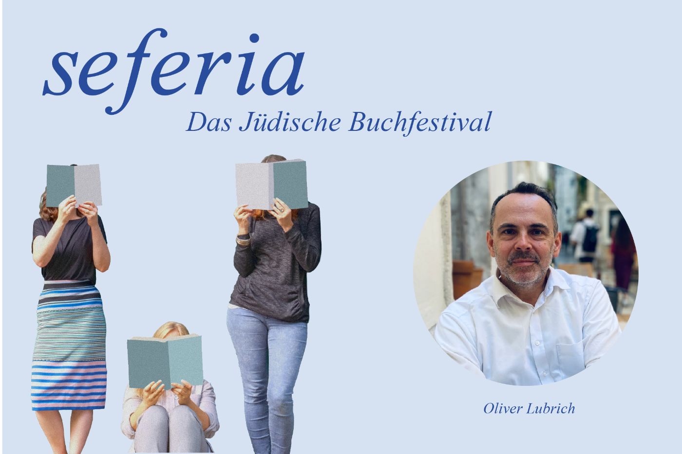 Drei Personen lesen Bücher vor ihren Gesichtern, daneben ein Porträtfoto von einer Person.