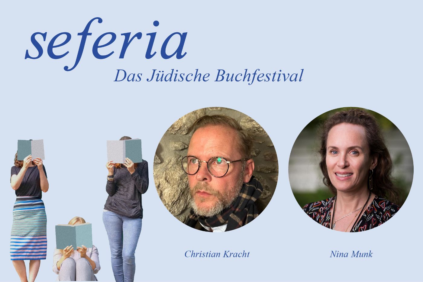 Drei Personen lesen Bücher vor ihren Gesichtern, daneben ein Porträtfoto von einer Person.