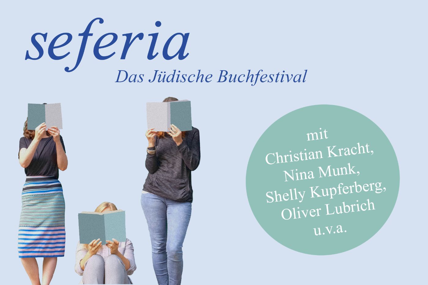 Drei Personen lesen Bücher vor ihren Gesichtern, daneben ein Porträtfoto von einer Person.
