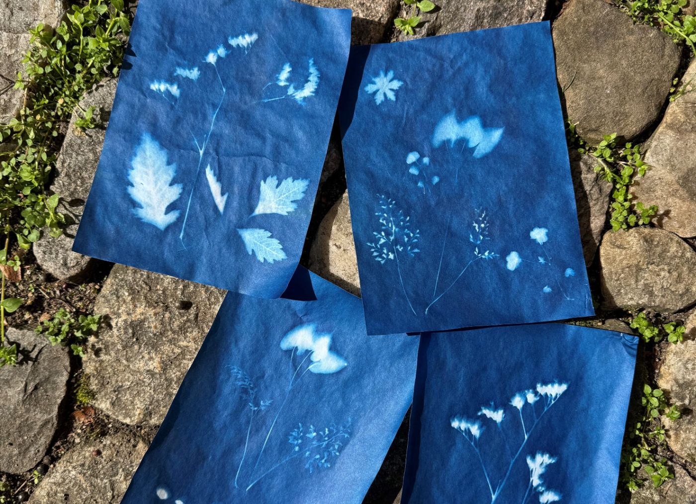 Blaues Papier mit Pflanzenmustern liegt auf Kopfsteinpflaster