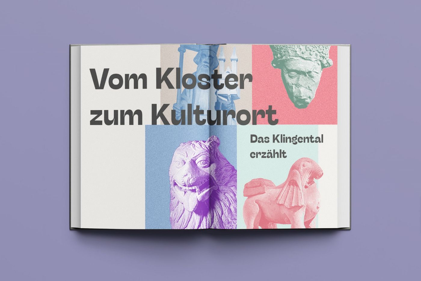 Ein geöffnetes Buch zeigt bunte Skulpturen-Collagen und den Titel „Vom Kloster zum Kulturort“.