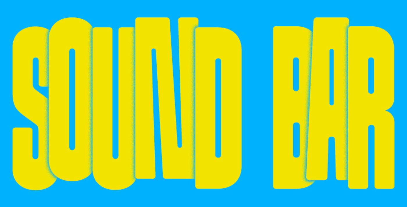 Gelber Schriftzug „SOUND BAR“ auf rotem Hintergrund, Schrift fett und leicht verzerrt