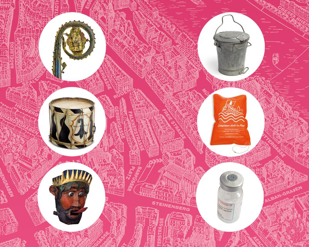 Des objets historiques, y compris un tambour et un masque, flottent sur une carte rose de Bâle