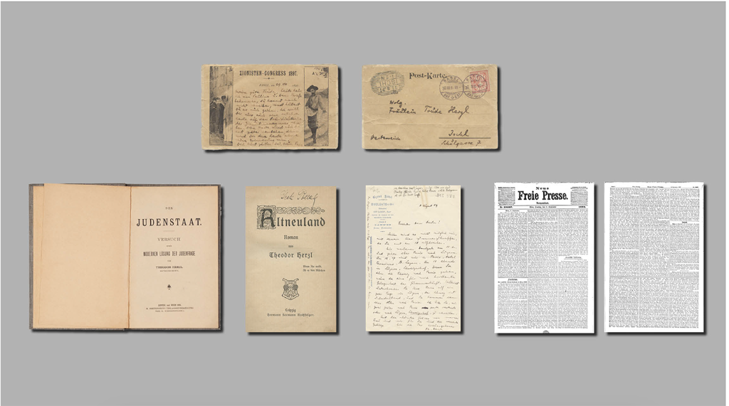 Offene Bücher und historische Dokumente von Theodor Herzl liegen nebeneinander auf grauem Hintergrund