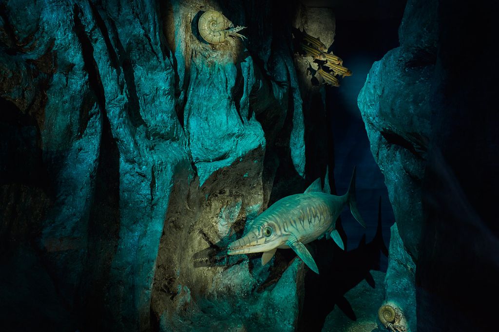 Ein Modell eines Ichthyosauriers schwimmt durch eine blaue, felsige Unterwasserwelt