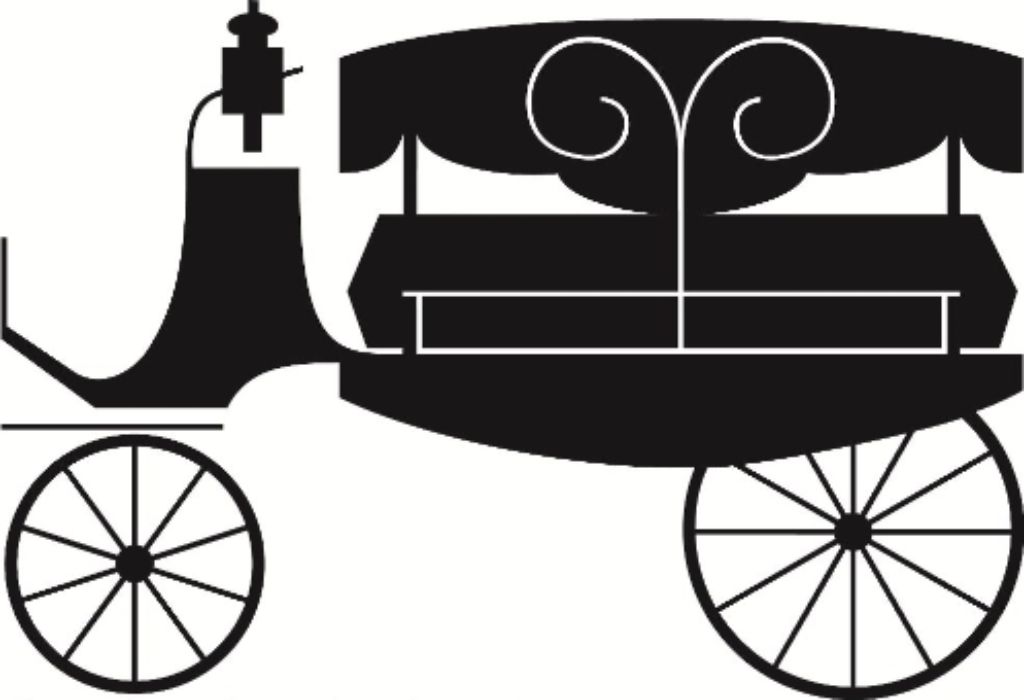 Ein stilisierter, historischer Leichenwagen in schwarz-weiss zeigt kunstvolle geschwungene Linien.