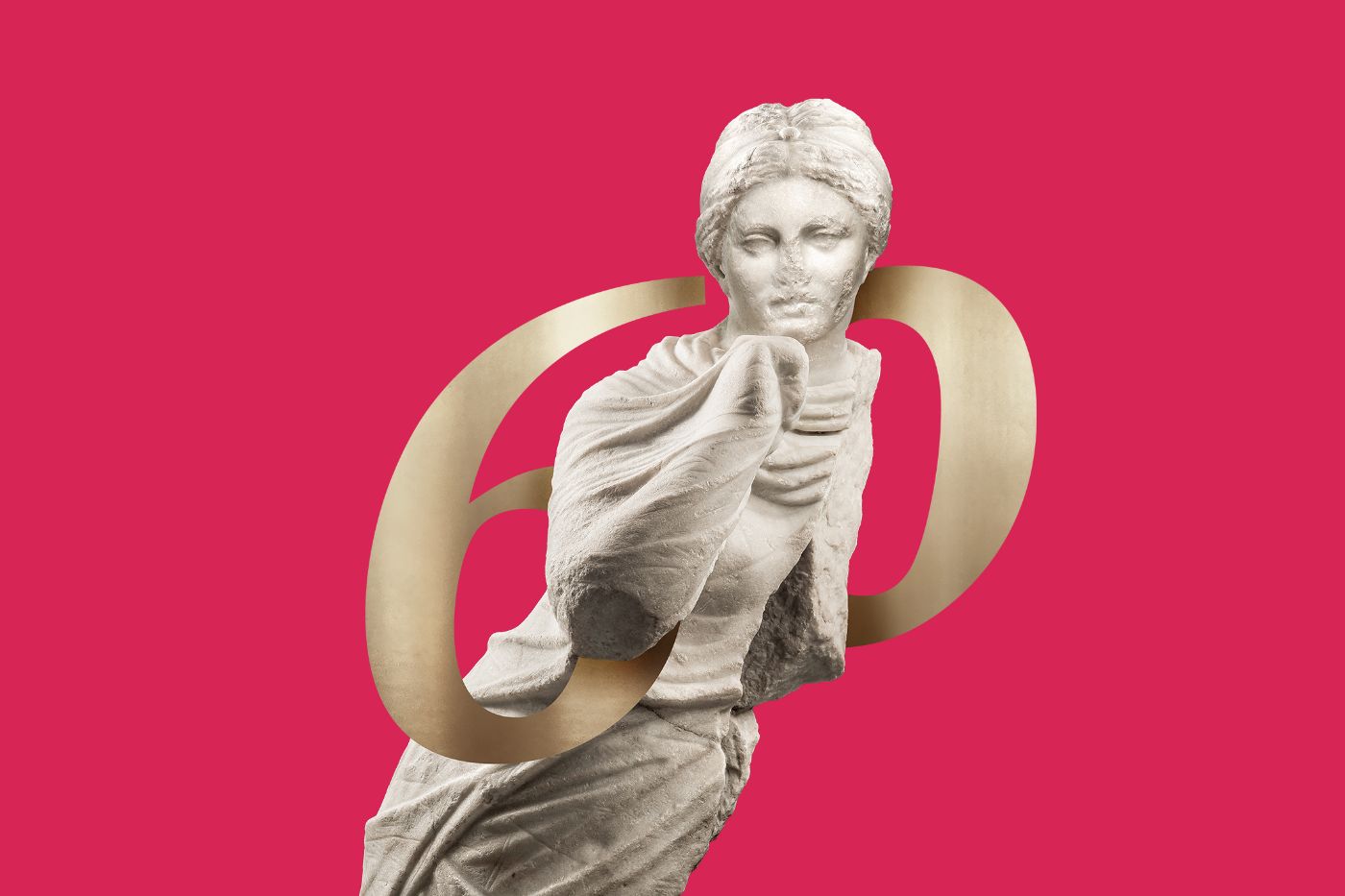 Jubiläumsbild Antikenmuseum Basel und Sammlung Ludwig mit einer Skulptur und der Zahl 60