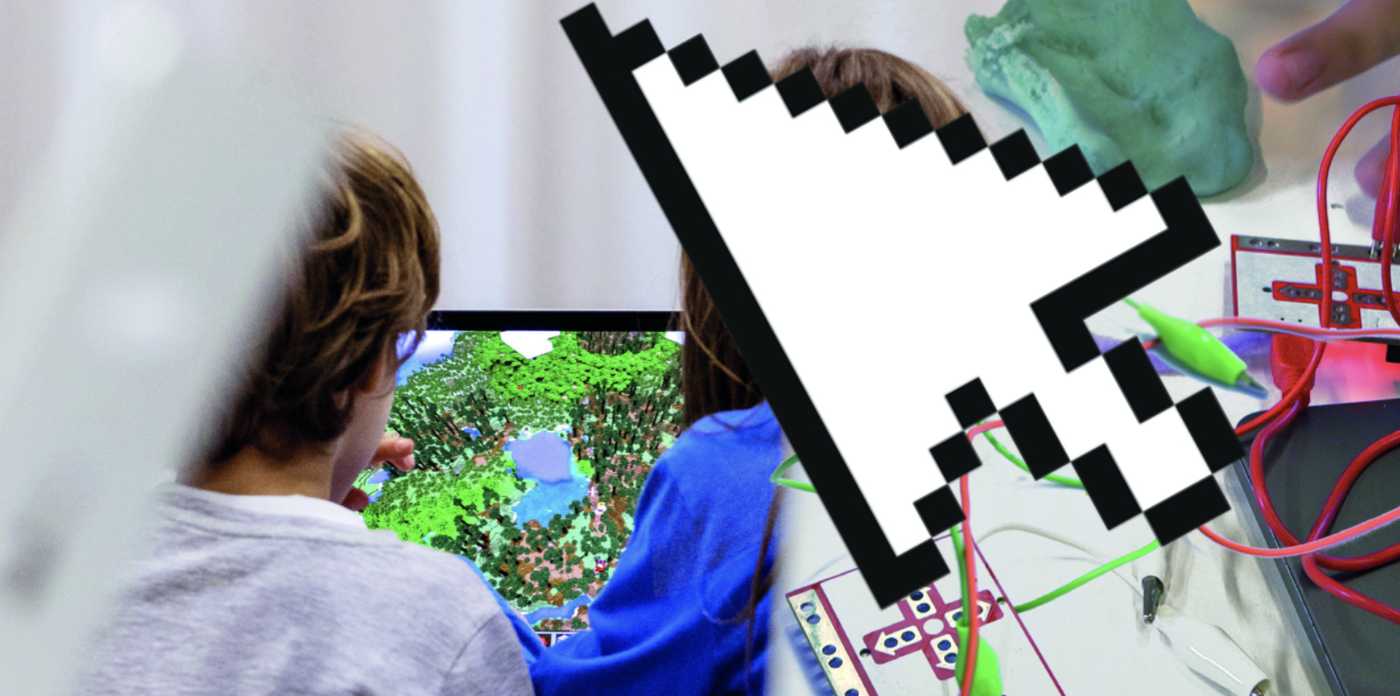 Zwei Kinder sitzen vor einem Bildschirm mit einem Videospiel-Wald, umgeben von Technik-Bastelmaterialien