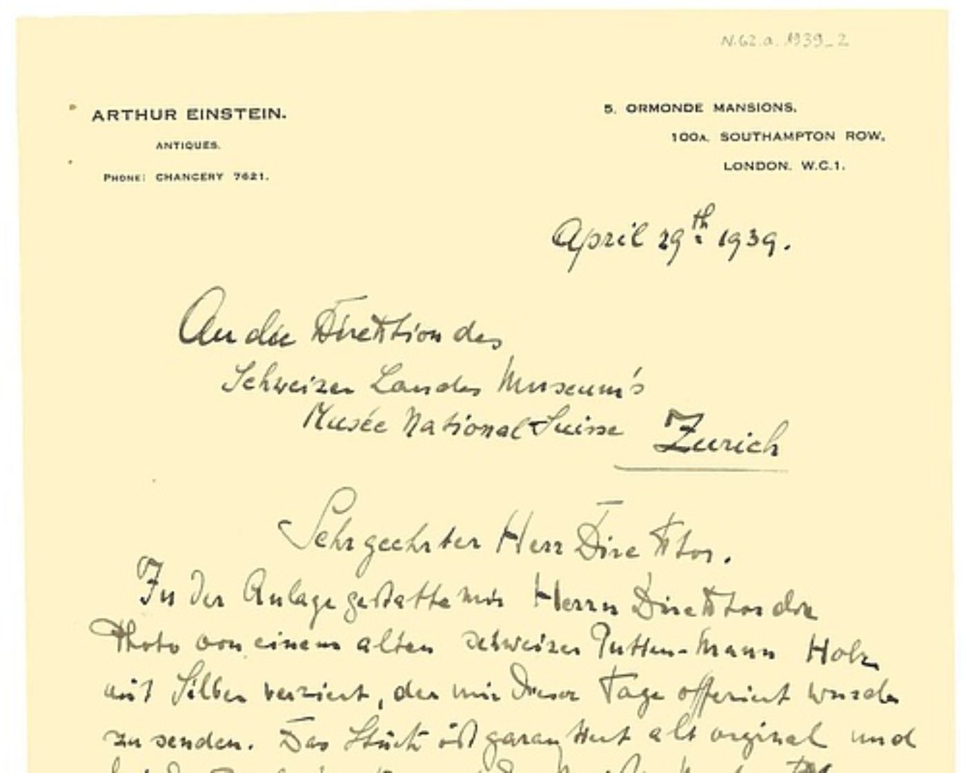 Ein handgeschriebener Briefkopf von Arthur Einstein aus dem Jahr 1939 mit Adresse in London