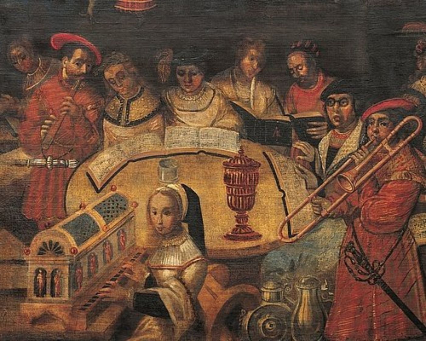 Eine Gruppe Renaissance-Musiker spielt zusammen, inklusive Orgel und Blasinstrumenten