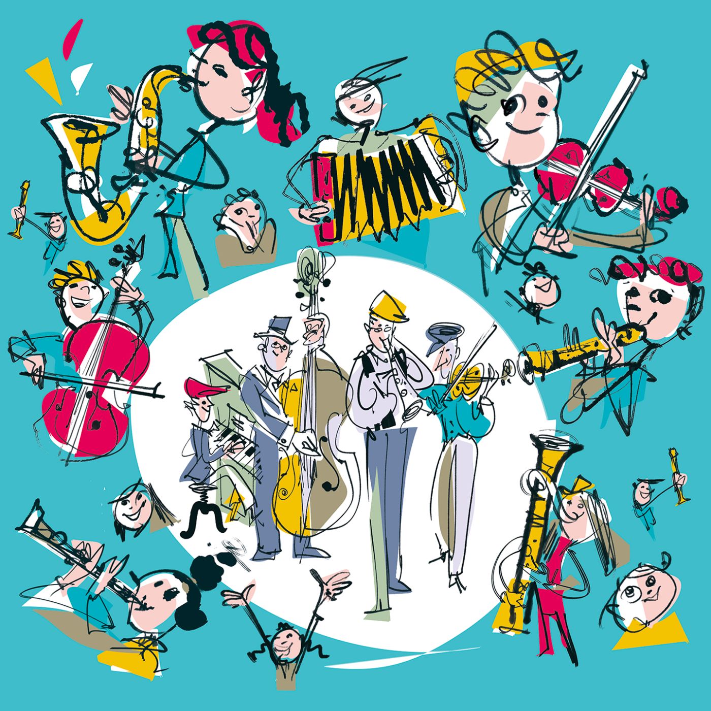 Bunte Illustration von fröhlichen Musikern, die verschiedene Instrumente auf blauem Hintergrund spielen