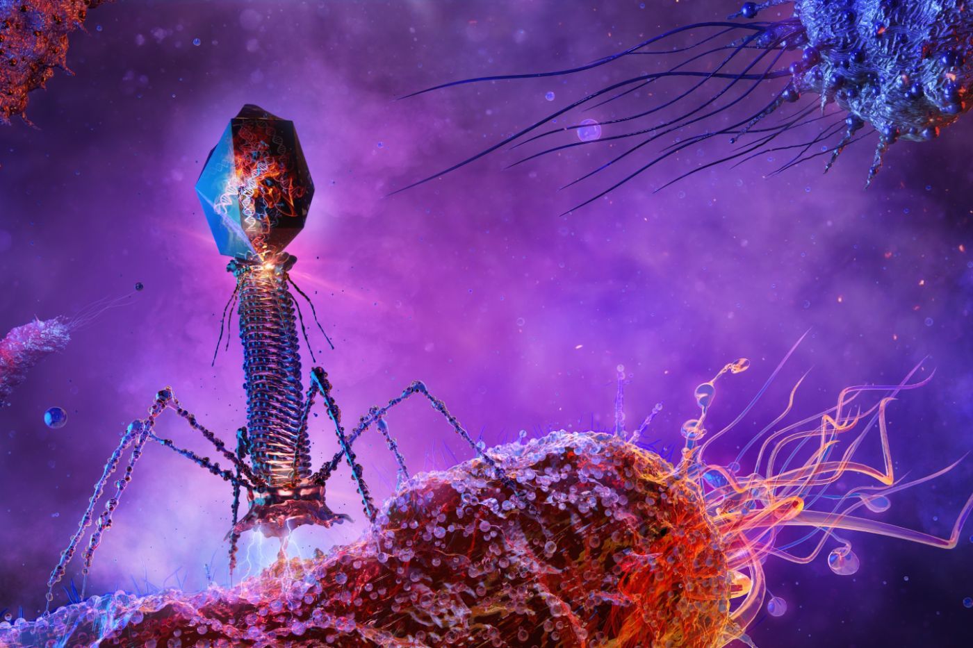 Ein T4-Bakteriophage befällt und infiziert ein Bakterium. Corona Borealis, Adobe Stock