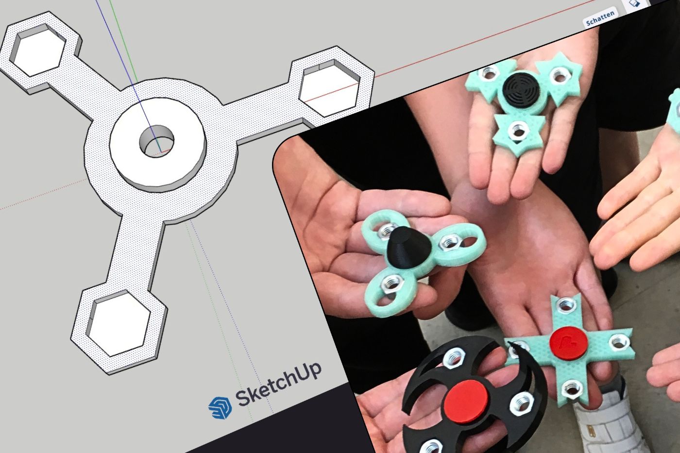 Mehrere Hände halten 3D-gedruckte Fidget Spinner und ein Bildschirm zeigt ein 3D-Modell.