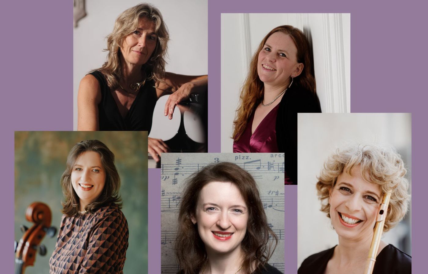 Auf dem Bild sieht man ein Streichquartett, das in eleganter Kleidung mit ihren Instrumenten posiert.