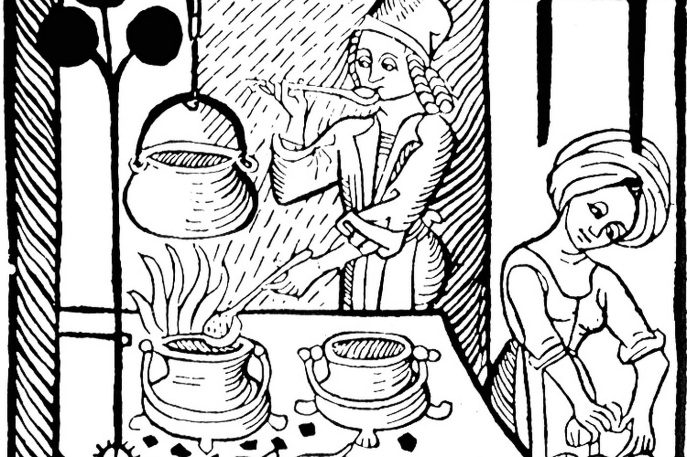 Ein mittelalterlicher Koch rührt in einem Topf über dem Feuer, während eine Frau Teig knetet