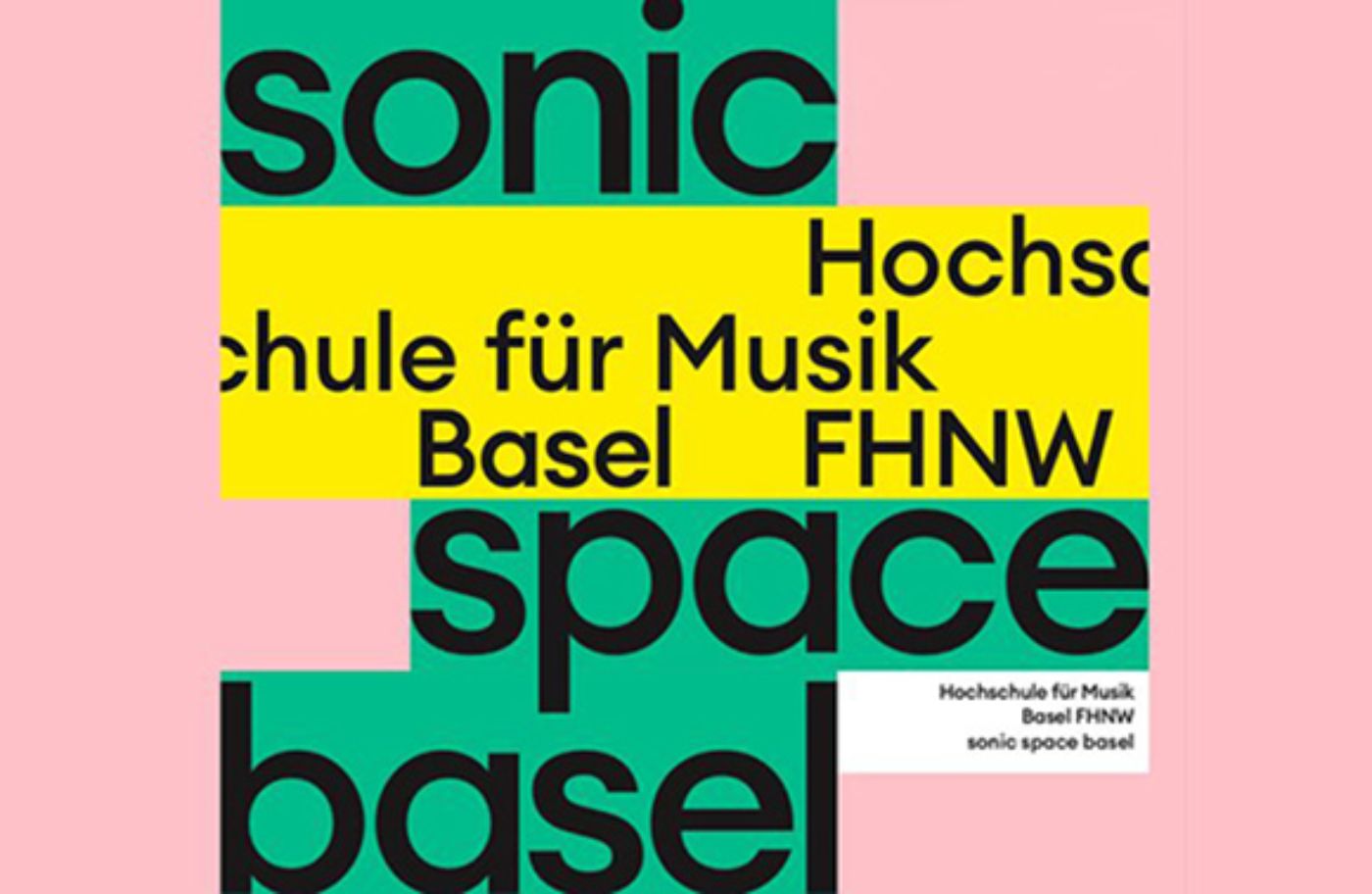 Ein geometrisches Design in Grün, Gelb und Rosa zeigt Text über ein Musikereignis in Basel