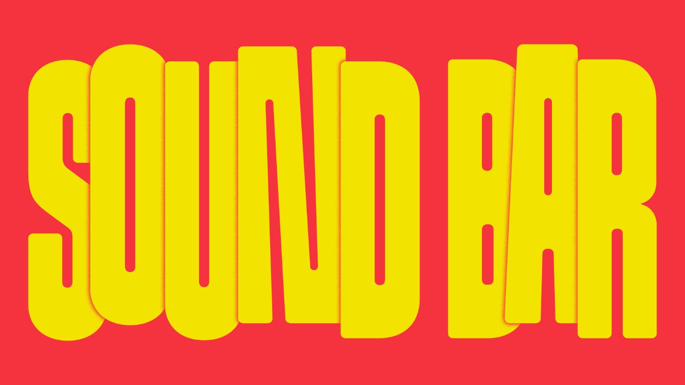 Gelber Schriftzug „SOUND BAR“ auf rotem Hintergrund, Schrift fett und leicht verzerrt