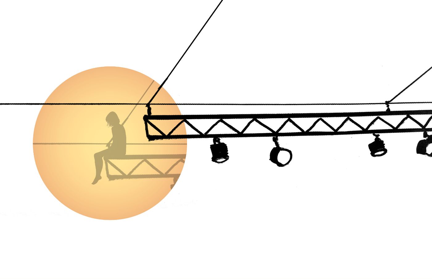 Eine Silhouette sitzt auf einem Scheinwerfer-Träger vor einer grossen orangefarbenen Sonne.