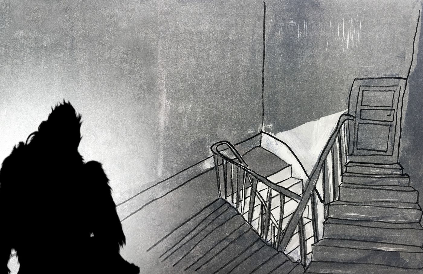 Eine schwarze Silhouette vor einer gezeichneten Treppe und einer halboffenen Tür