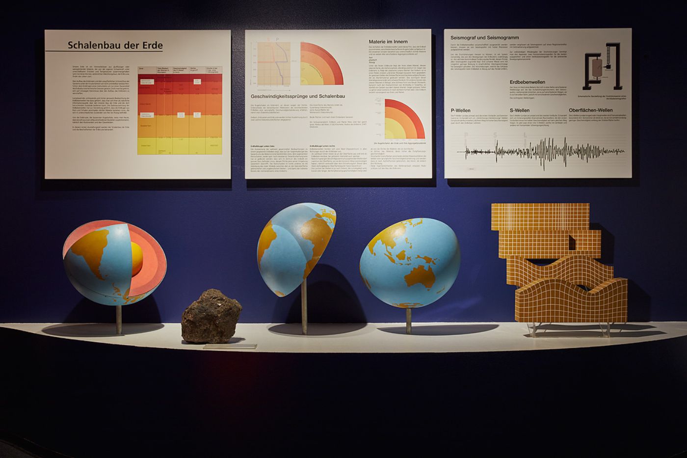 Modelle der Erdkugel zeigen den Schalenbau der Erde, umgeben von informativen Schautafeln