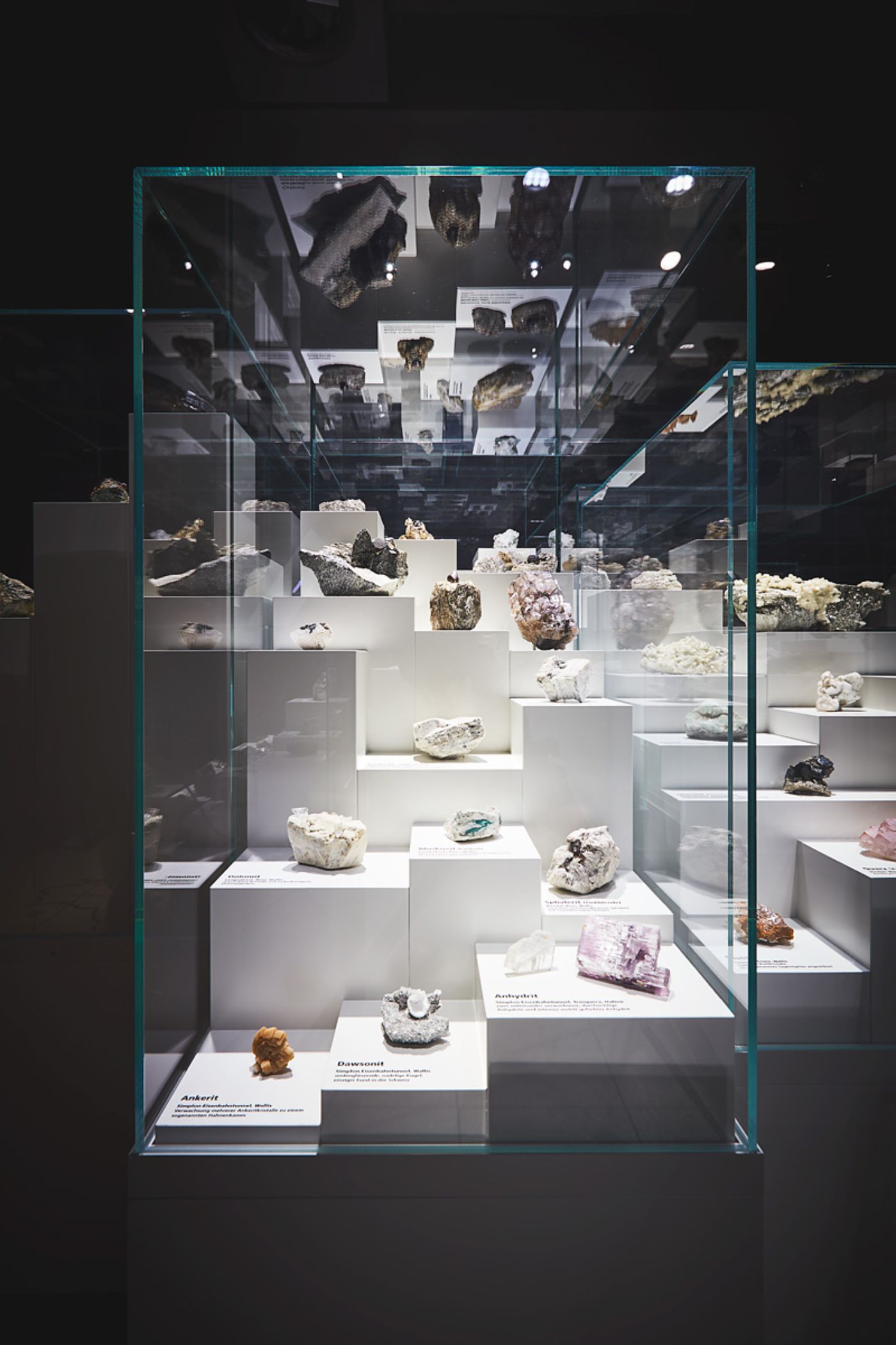 Ein Glaskasten zeigt diverse farbenfrohe Mineralien, die auf weissen Blöcken angeordnet sind.