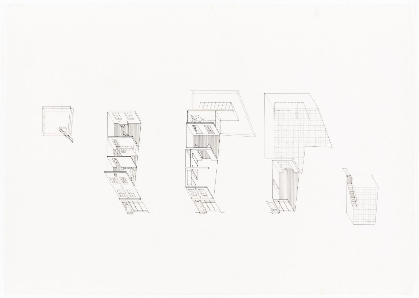 Eine minimalistische Zeichnung zeigt komplexe architektonische Strukturen in perspektivischen Ansichten