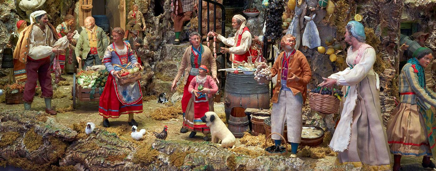 Lebendige Miniaturszene zeigt bunte Figuren auf einem neapolitanischen Markt des 18. Jahrhunderts