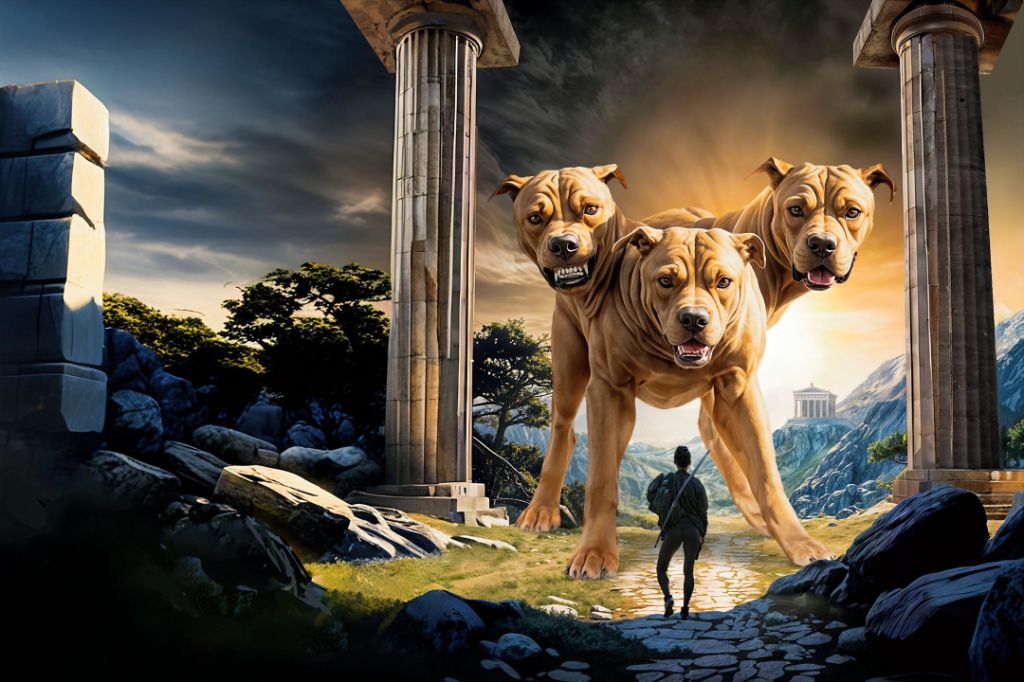 Der dreikopfige Kerberos steht in einer griechischen Landschaft.
