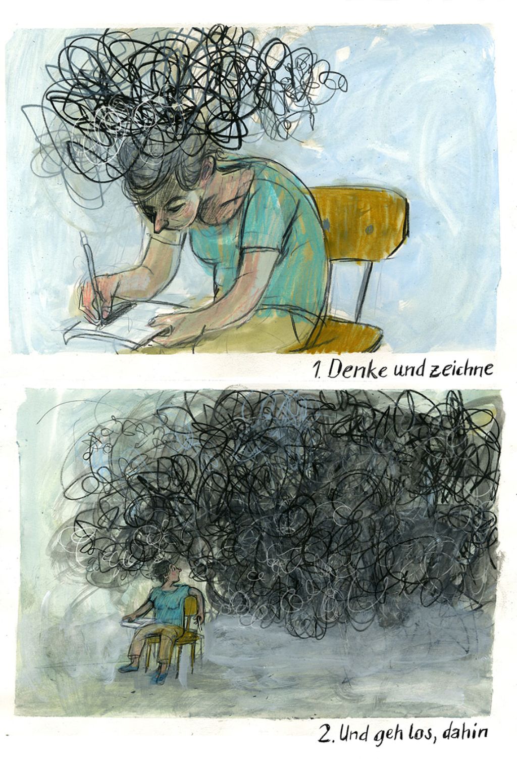 Eine Frau sitzt an einem Tisch und schreibt, über ihrem Kopf wirbelt ein Gedankennetz