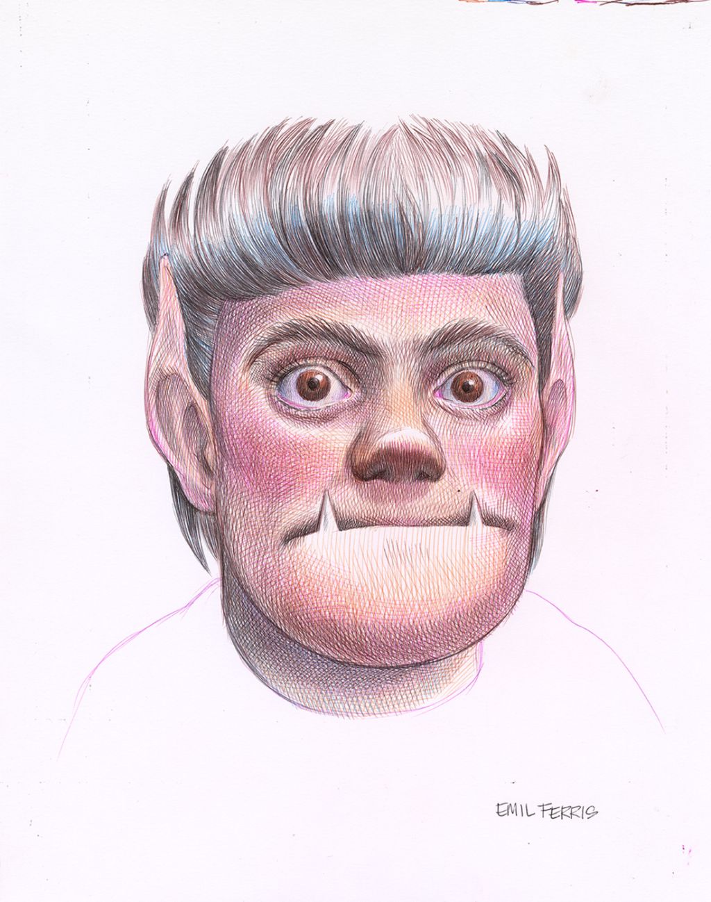 Ein kindliches Gesicht mit spitzen Ohren und hervortretenden Zähnen schaut ausdrucksstark