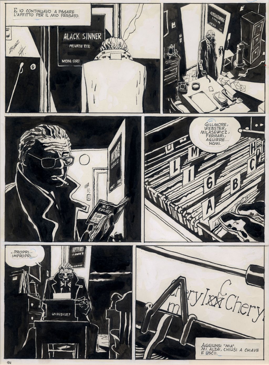 Ein Detektiv in einem Büro mit einer Zigarette untersucht eine Akte mit Schwarz-Weiss-Kontrasten.