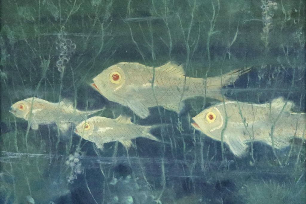 Four fish swim through a mysterious, greenish-blue underwater plant world