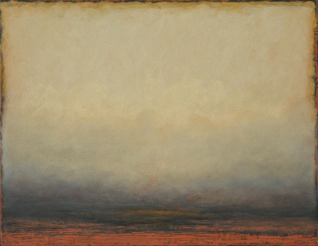 A pastel sky transitions into a dark horizon with orange tones