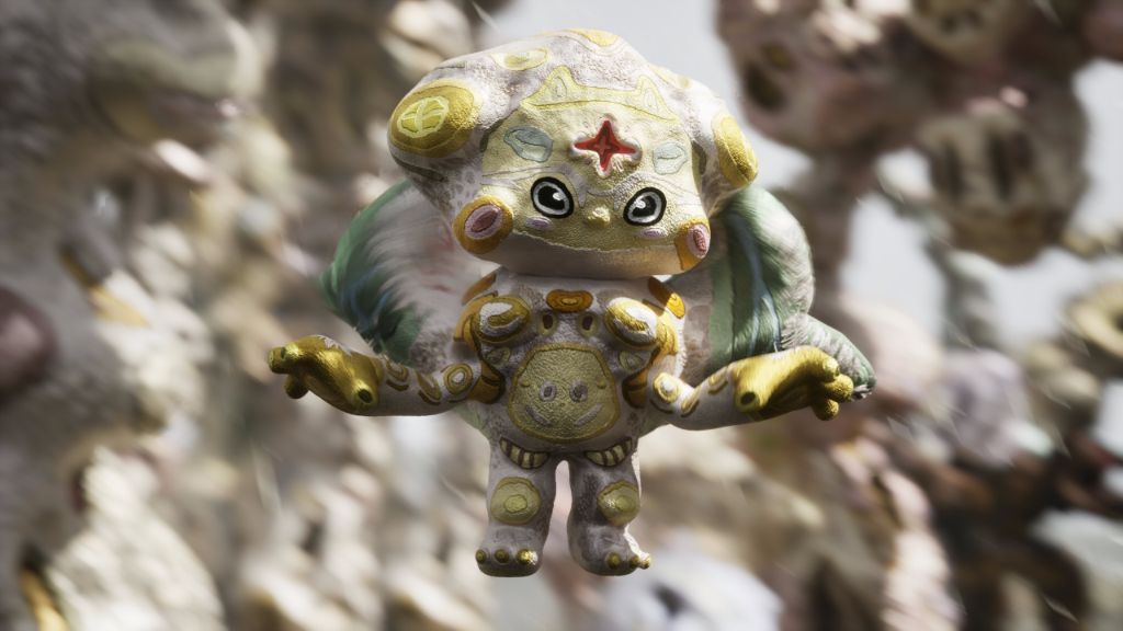 Ein skurriles, buntes Wesen mit grossen Augen und flügelartigen Armen schwebt in der Luft.