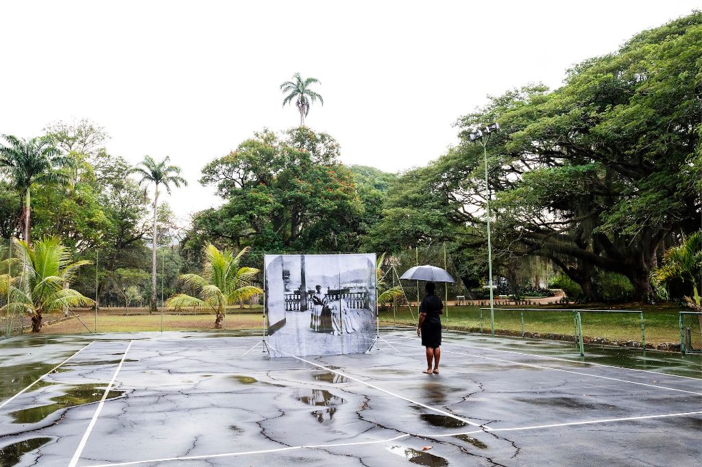 Eine Person mit Regenschirm betrachtet in einem Park ein Schwarz-Weiss-Foto vor tropischen Bäumen