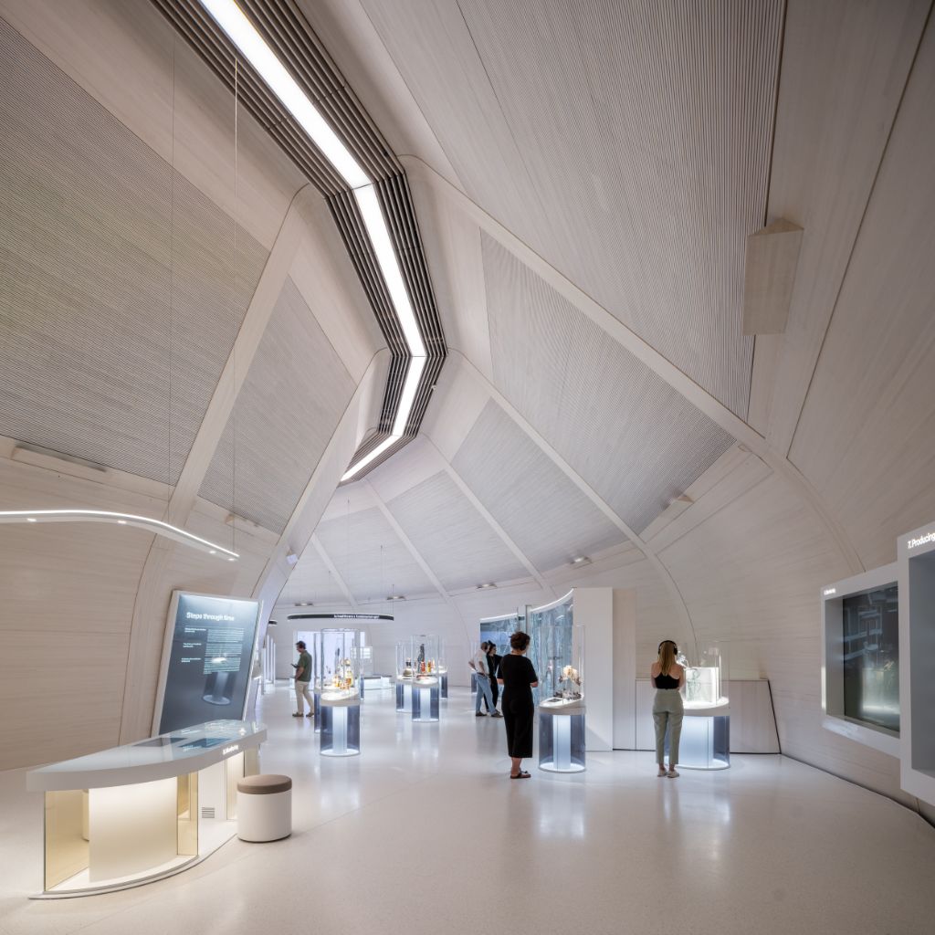 Visitors observe illuminated showcases in a modern, white exhibition space